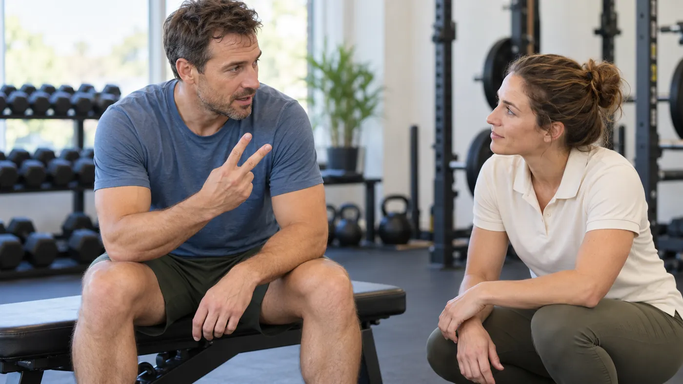 Male lifter telling his female coach that he estimates he has two reps in reserve