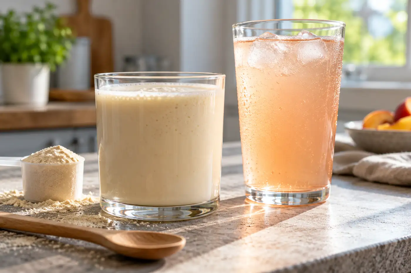 Whey crémeuse et clear whey fruitée présentées dans deux verres