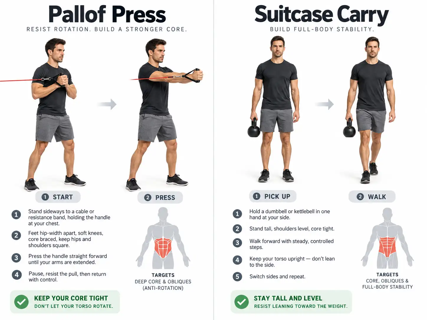 Pallof press and suitcase carry to train anti-rotation and core stability