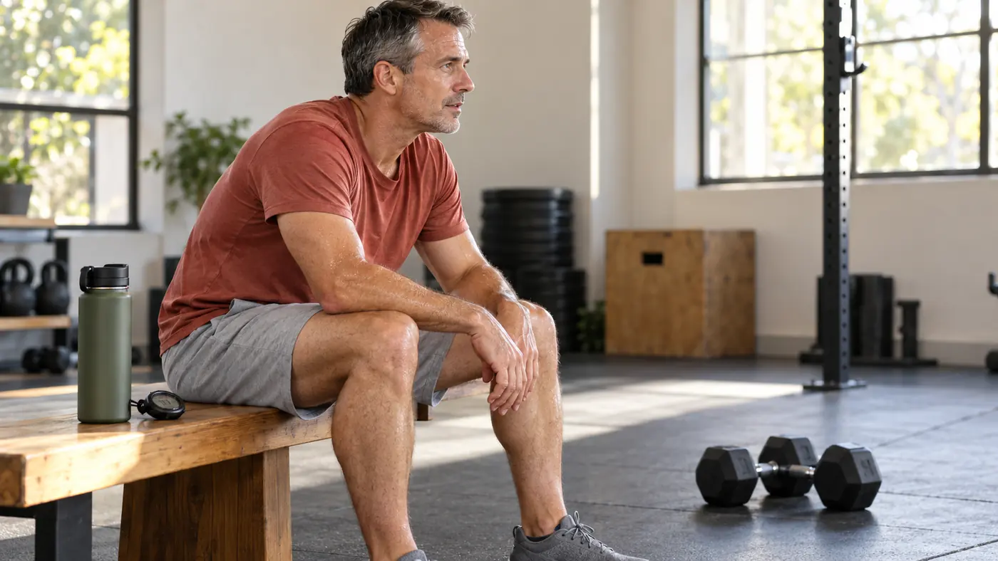 Male lifter catching his breath on a bench between two strength training sets