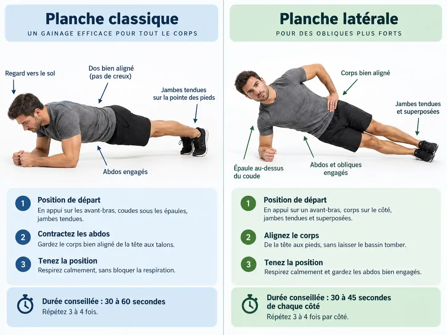 Planche classique et gainage latéral avec position correcte du corps