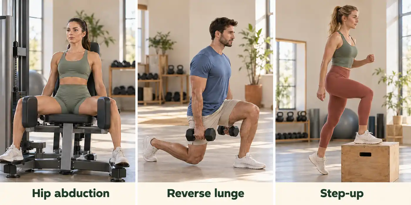 hip abduction, lunge, and step-up