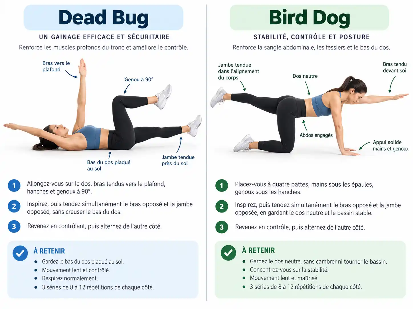 Dead bug et bird dog pour le gainage dynamique et le contrôle du tronc