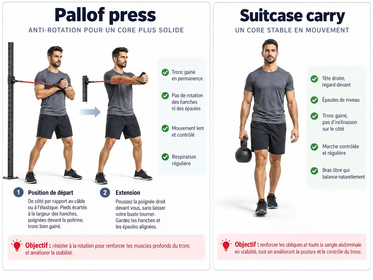 Pallof press et suitcase carry pour travailler l’anti-rotation et la stabilité du tronc