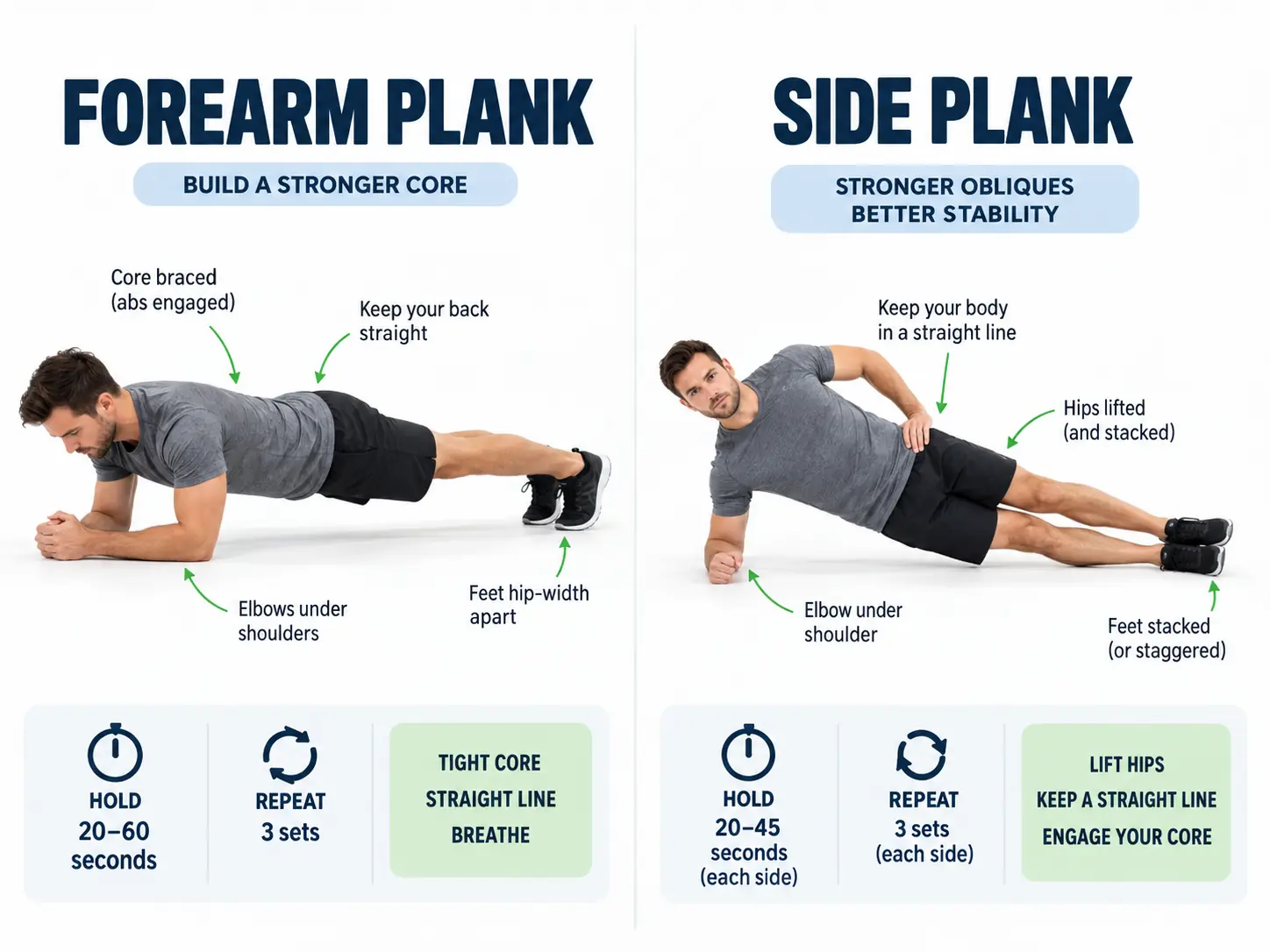 Standard plank and side plank with correct body position